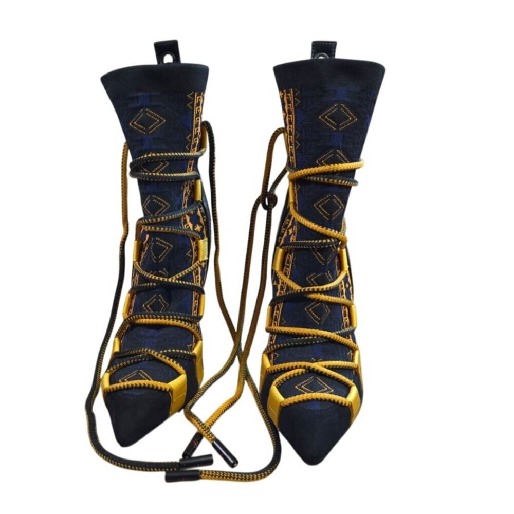 Azalea Wang Tribal Print Lace-Up Stiletto Ankle Boots Black Yellow Size 9. - Picture 2 of 9